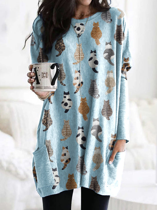 Comstylish Cute Cats Embroidery Pattern Long Sleeve T-Shirt