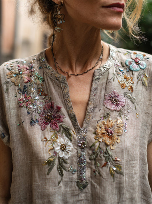 Comstylish Bohemian Style Multi-colored Flower Three-dimensional Embroidery Vintage Cotton And Linen Elegant V-neck Short-sleeved Shirt