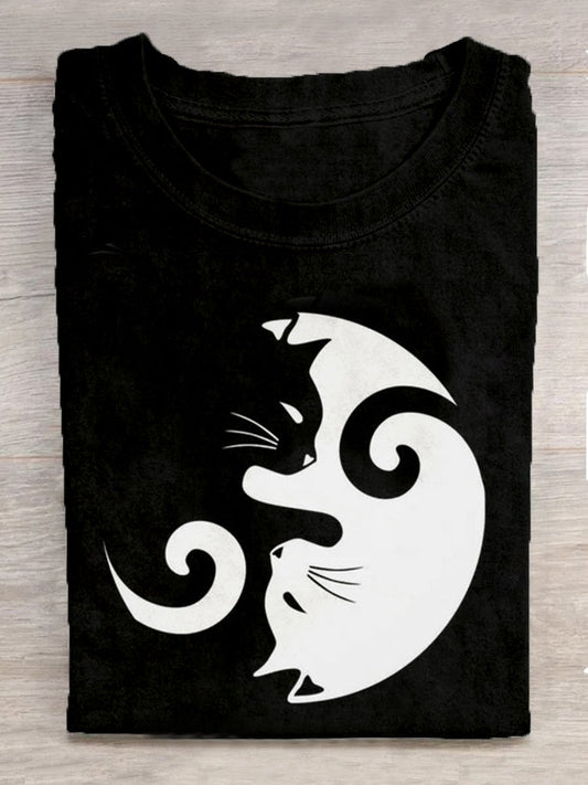 Women's Black And White Cats Print Vintage T-shirt elevenforest