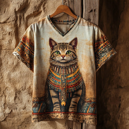 Comstylish Retro Ancient Egyptian Cute Cat Art Linen Cotton Blend T-shirt