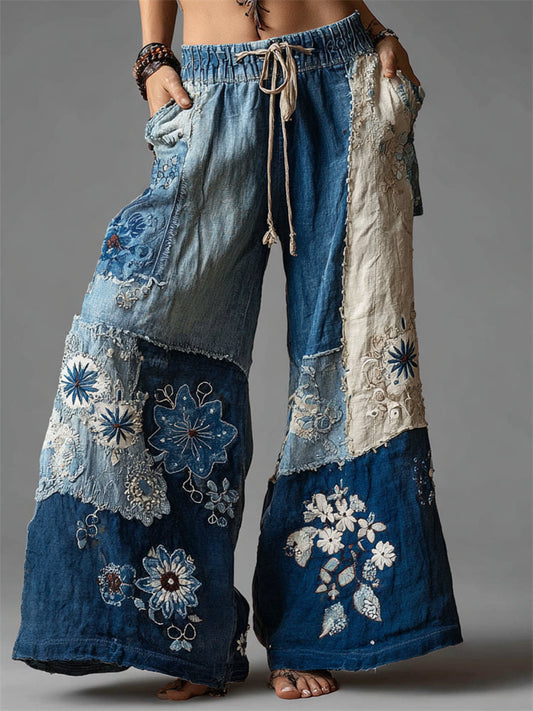 Boho Floral Lace Fiber Art Patchwork Flowy Wide Leg Pants