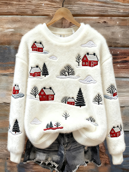 Comstylish Lady Christmas Winter Warmth Round Neck Flannel Sweatshirt