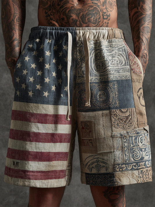 American Independence Day Western Style Retro Cotton And Linen Shorts artswardrobe