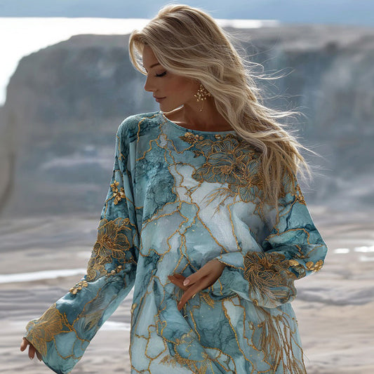 Vintage Gradient Marble Texture Flower Pattern Art Linen Shirts artswardrobe