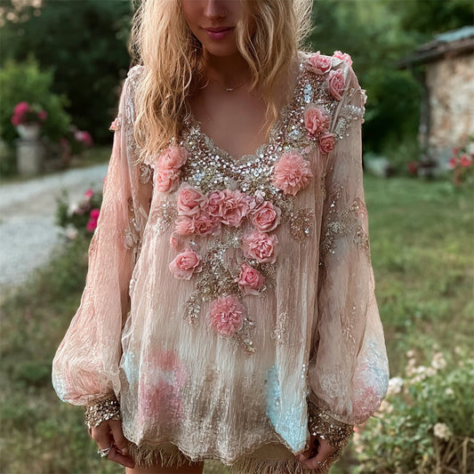 Boho Gauze Floral Sequin Embroidery Vintage Gradient Women's Flowing Long Sleeve Shirt artswardrobe