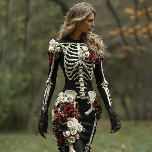 Comstylish Women's Vintage Halloween Skeleton Bones With White And Red Rose Art Cozy Knit Mini Sweater Dress