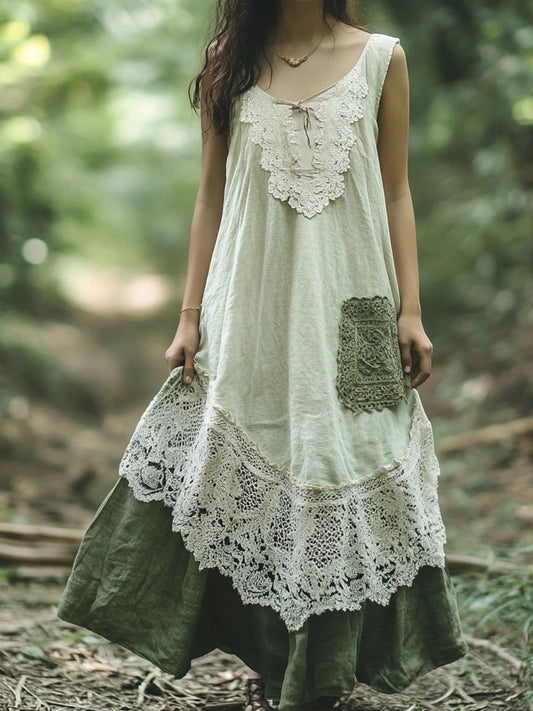 Vintage Lace Patchwork Sleeveless Comfy Linen Dress artswardrobe
