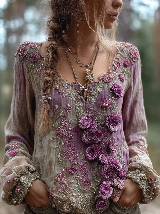 Comstylish Bohemian Style Round Neck Long Sleeve 3d Purple Flower Design Cotton And Linen Top For Women