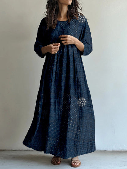 Comstylish Japanese Traditional Sashiko Art Linen Blend Maxi Dress