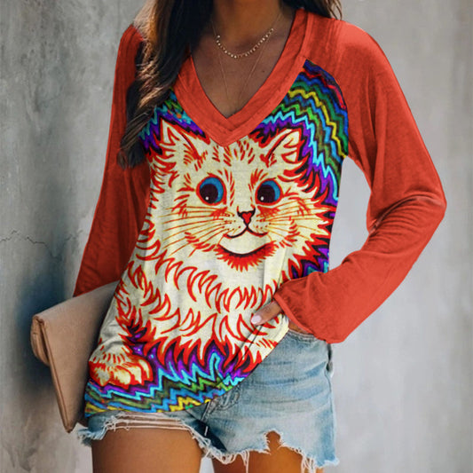 Comstylish Colorful Cat Print Women's V-Neck T-Shirt