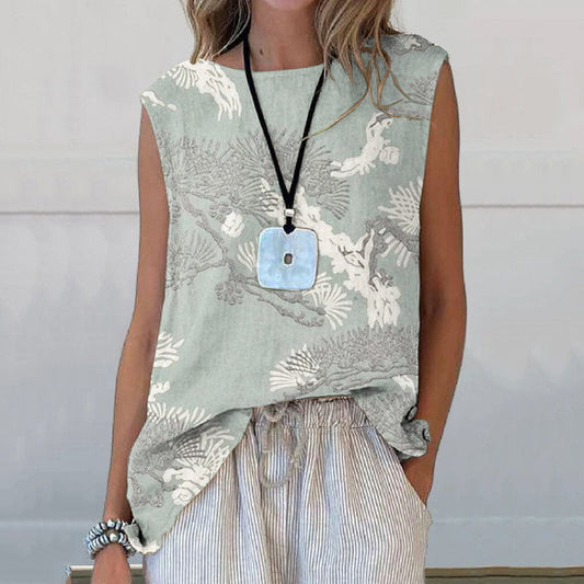 Comstylish Vintage Floral And Crane Art Printed Casual Sleeveless Top