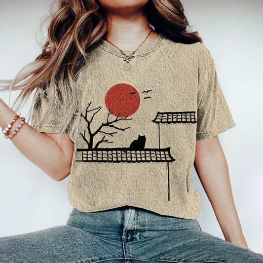 Vintage Japanese Cat & Sunset Print Women's T-shirt elevenforest