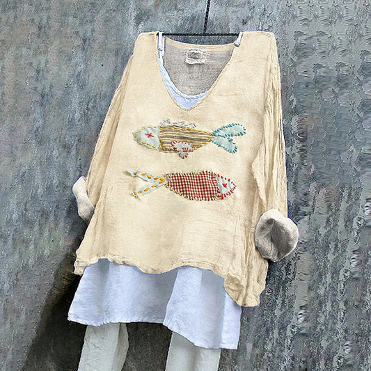 Women's Japanese Style Stitched Fish Art Pattern Vintage Linen Shirt artswardrobe