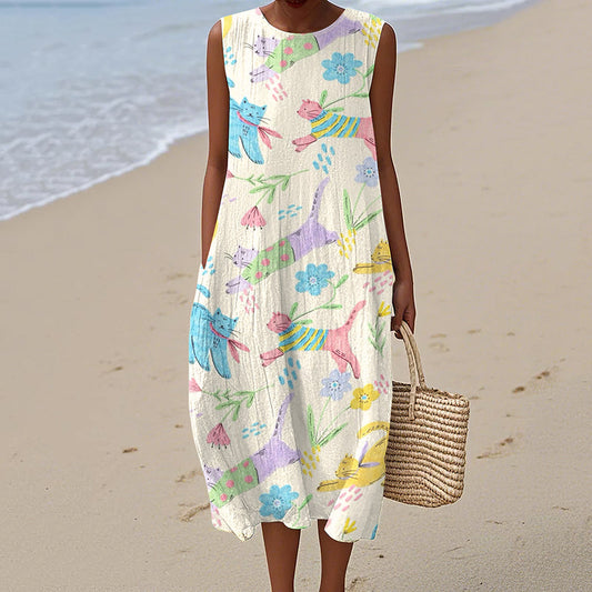 Women's Vintage Floral Cute Cat Art Print Sleeveless Dress artswardrobe