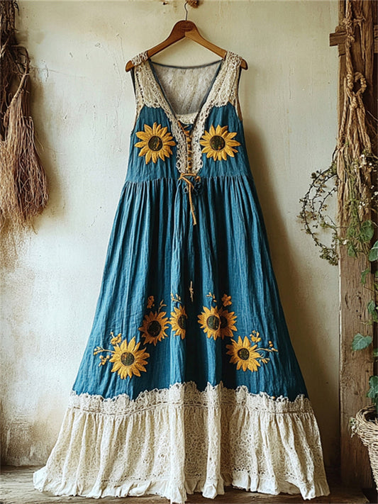 Boho Sunflowers Embroidered Lace Patchwork Linen Dress artswardrobe