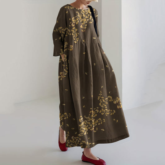 Comstylish Japanese Flowers Art Linen Blend Long Sleeve Maxi Dress