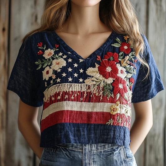 Independence Day Vintage Floral Embroidery Women's Linen V-neck T-shirt artswardrobe