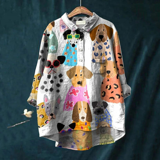 Comstylish Women's Cute Dog Art Print Cotton And Linen Shirt