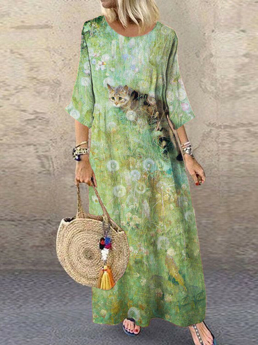 Comstylish Cat & Botanical Women's Vacation Maxi Dress