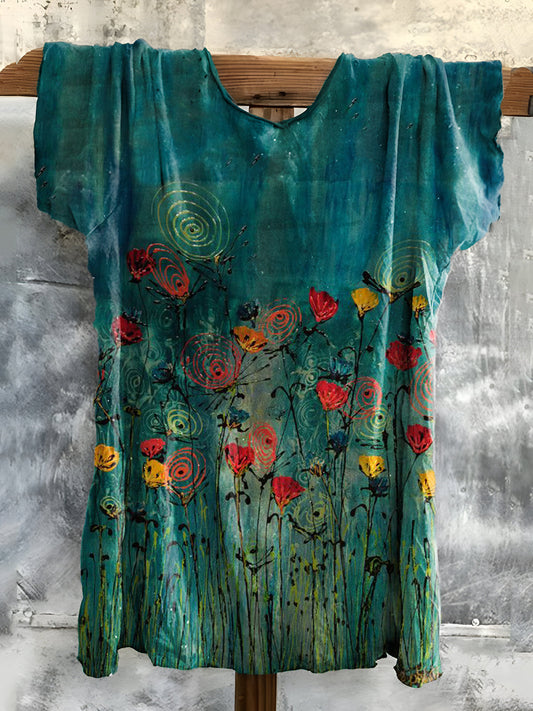 Floral Art Print Cotton Crew Neck T-Shirt