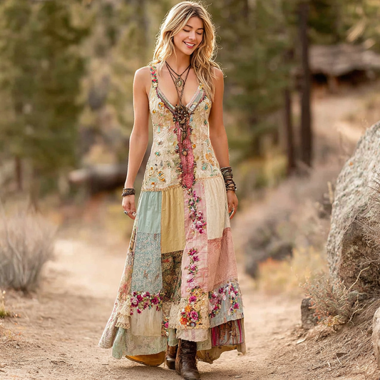 Women's Retro Floral Stitching Suspender Long Dress artswardrobe