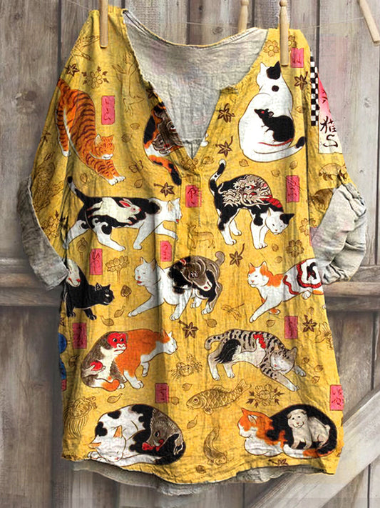 Japanese Art Cat Print Cotton Blend T-Shirt elevenforest