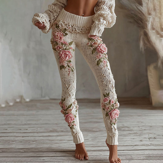 Comstylish Women's Vintage Pink Floral Art Cozy Knit Leggings