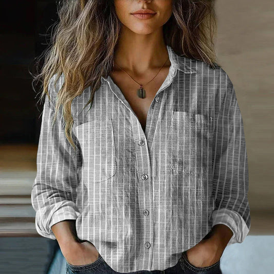 Comstylish Women's Vintage Stripe Art Print Casual Long Sleeve Comfortable Cotton Shirt
