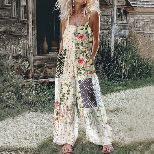 Women's Farm Floral Patchwork Linen Print Jumpsuit artswardrobe