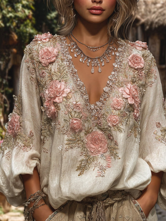 Comstylish Women's Diamond-encrusted Flower V-neck Long-sleeved Shirt