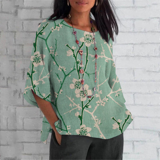 Comstylish Cherry Blossom Japanese Print Crew Neck Casual T-Shirt