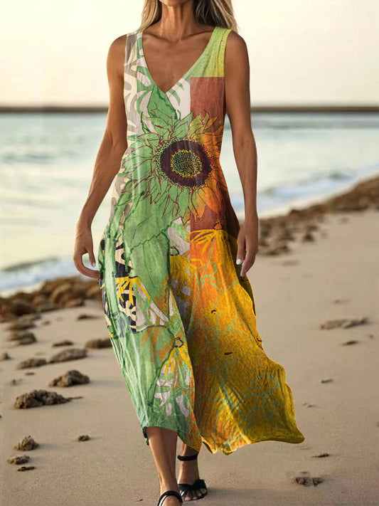 Women's Vintage Bohemian Sunfloral Art Print Pocket Cotton Dress
