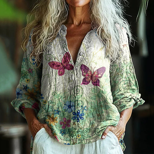 Comstylish Women's Floral And Butterfly Embroidery Art Linen Shirt
