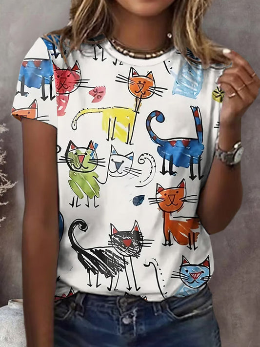 Comstylish Women's Casual Cat Floral Print Short Sleeve T-shirt
