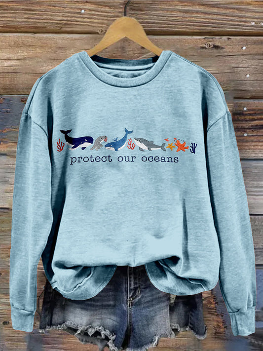 Comstylish Protect Our Oceans Marine Animals Embroidered Washed Sweatshirt