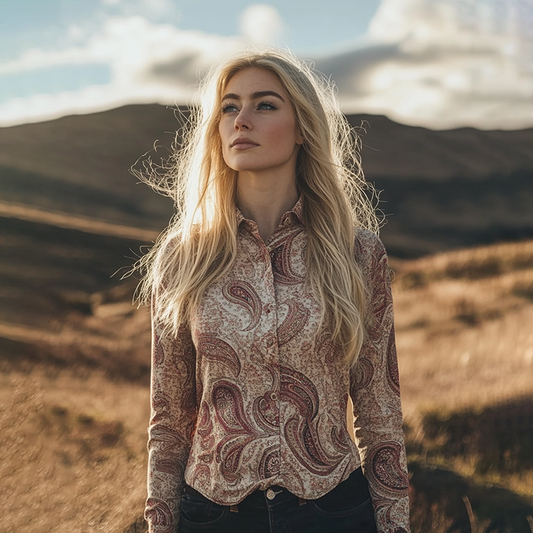 Comstylish Paisley Pattern Style Linen Print Long Sleeve Shirt