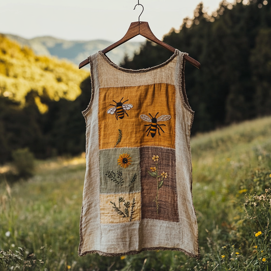 Vintage Bee Wildflowers Patchwork Print Linen Tank Top artswardrobe