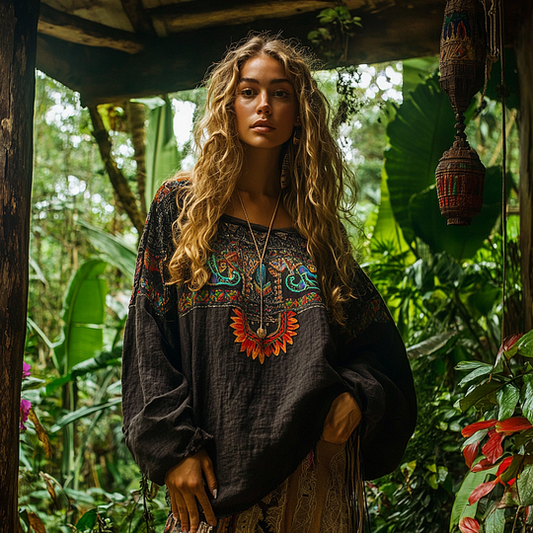Comstylish Retro Bohemian Resort Art Embroidery Print Cotton And Linen Blend Loose Blouse