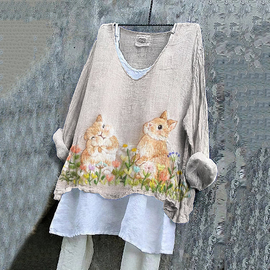 Women's Cute Bunny Floral Embroidery Pattern Linen Blend Shirt artswardrobe