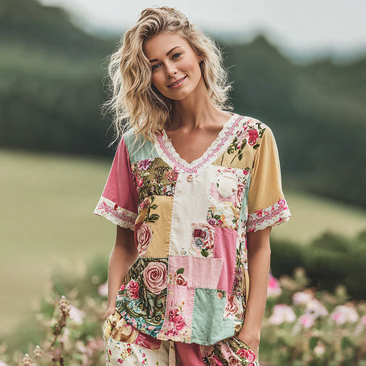 Women's Holiday Embroidered Floral Patchwork T-shirt artswardrobe