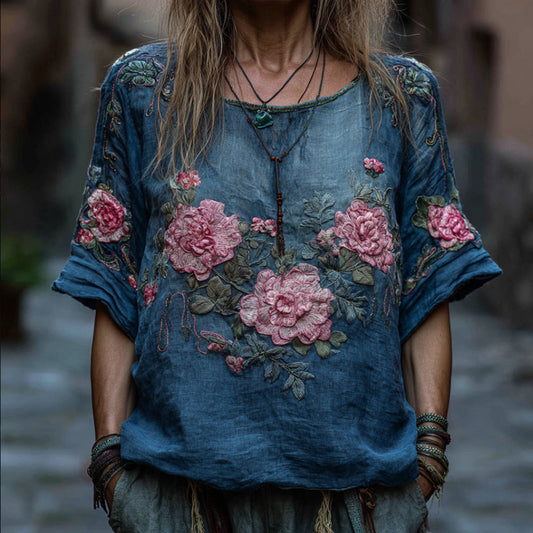 Comstylish Women's Pink Flower Blue Tie-dye Short-sleeved Shirt