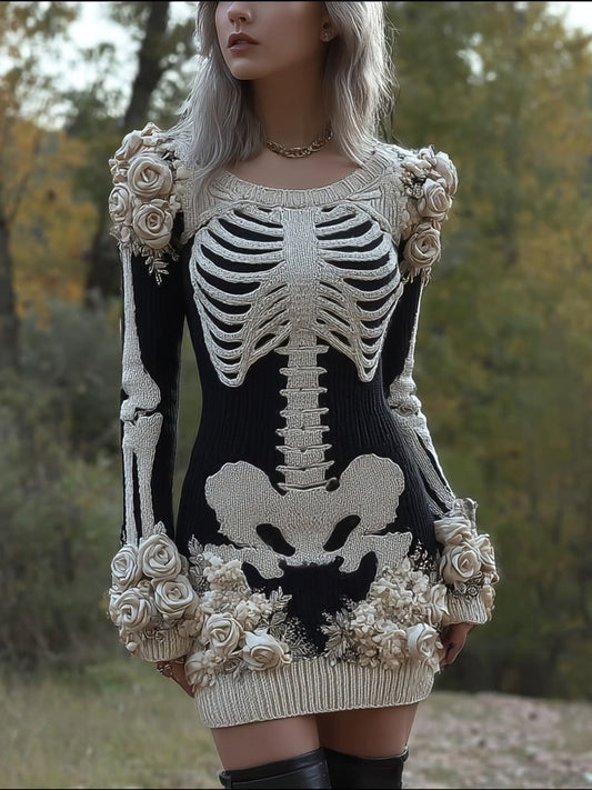 Comstylish Classy Skeleton Roses Embroidered Sweater Mini Dress