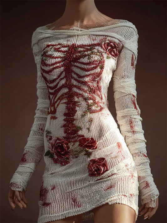 Comstylish Halloween Glitter Rose Skeleton Anatomy Bloody Bandages Sweater Dress