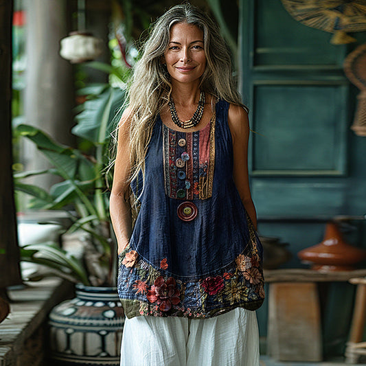 Vintage Tribal Floral Patchwork Sleeveless Tank Top artswardrobe