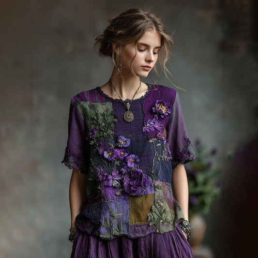 Women's Embroidered Pansy Floral Patchwork Check Short Sleeve T-shirt artswardrobe