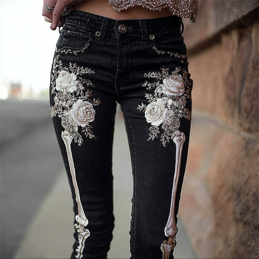 Comstylish Skeleton Pink Roses Beaded Embroidered Dark Washed Jeans