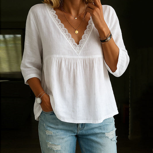 Women's Vintage Lace Cotton And Linen V-neck T-shirt artswardrobe