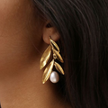 Golden Leaf Pearl Earrings