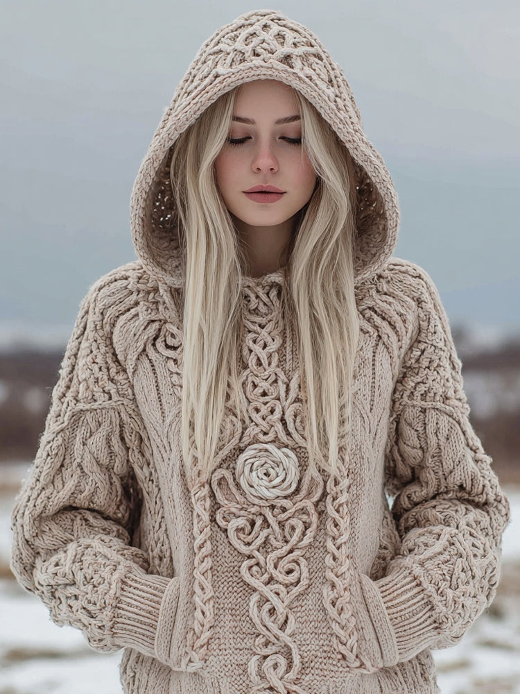 Vintage Viking Inspired Rose Knit Chunky Hooded Sweater artswardrobe