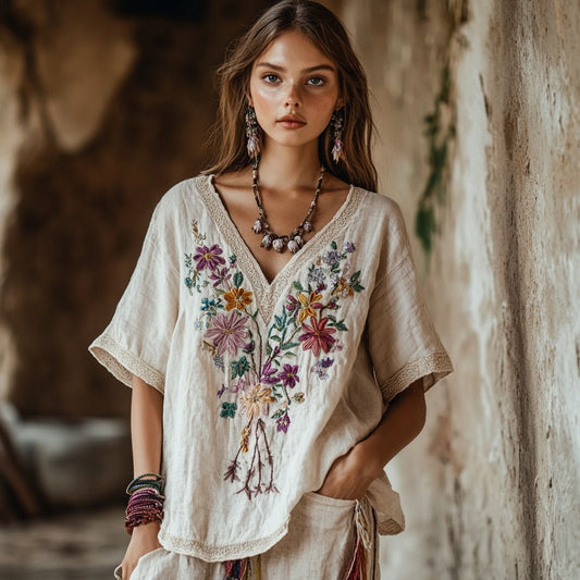 Women's Floral Embroidery V Neck Casual Linen Top artswardrobe